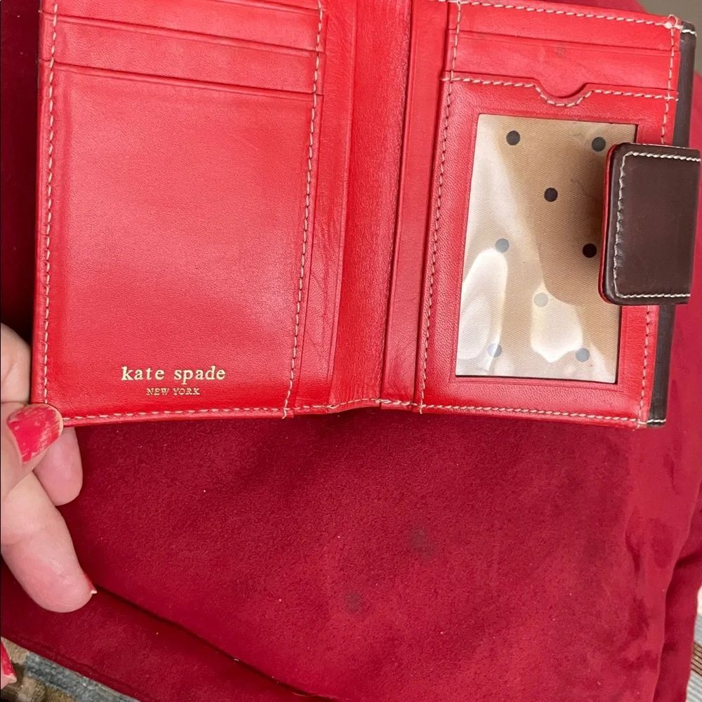 Kate Spade Chocolate Leather Wallet Inside Red With Coin & Cardholder EUC RARE - Picture 7 of 10